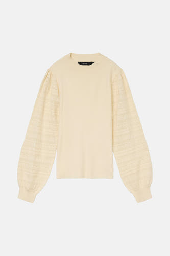 Pull écru avec col rond de VERO MODA, doté de détails tricotés sur les manches ballon.