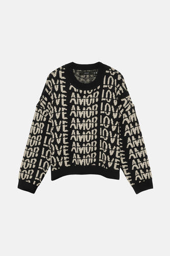 Zwarte trui met ronde hals van VERO MODA, met 'Love', 'Amor' en 'Ami' patroon.
