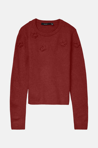 Pull rouge à col rond de VERO MODA, orné d'applications florales sur l'avant et le manche.