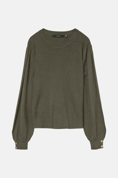 T-shirt vert avec col rond de VERO MODA, à longues manches et boutons dorés décoratifs sur les poignets.