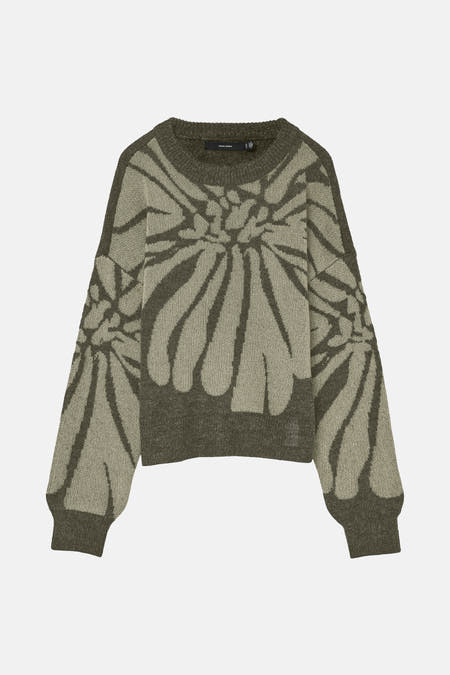 Groene trui met ronde hals van VERO MODA, met een bloemachtig patroon in verschillende groentinten.