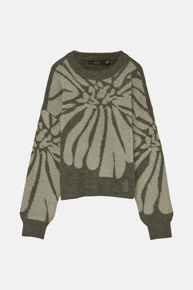 Groene trui met ronde hals van VERO MODA, met een bloemachtig patroon in verschillende groentinten.