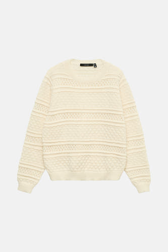 Gilet beige avec col rond de VERO MODA, avec un motif à mailles ouvertes et un design rayé.