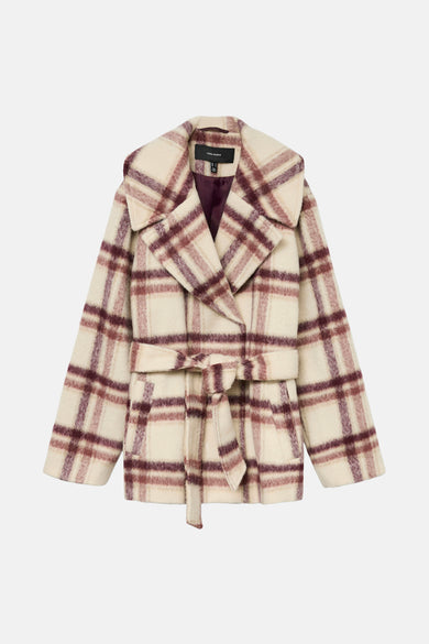 Multikleurige korte jas van VERO MODA met ruitpatroon en ceintuur in de taille.
