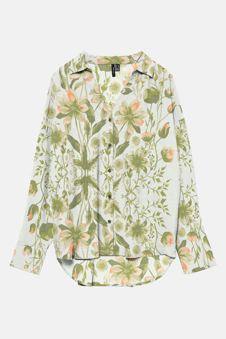 Groen hemd met lange mouwen van VERO MODA, met een bloemenprint en knoopsluiting.