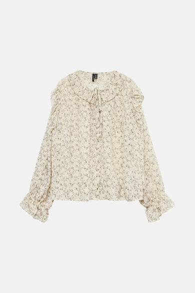 Beige overhemd met lange mouwen van VERO MODA, met bloemenprint, ruches en strikdetail.