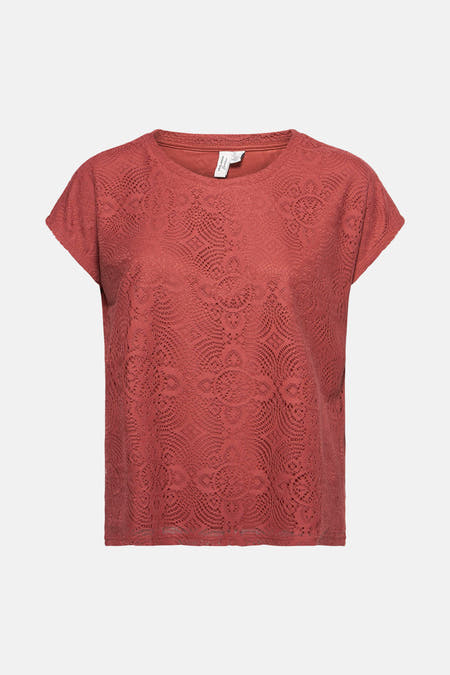 Bruine blouse met korte mouwen van VERO MODA, met fijn kantpatroon voor een elegante textuur.
