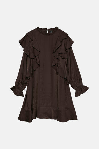 Bruine jurk met lange mouwen van VERO MODA, met ruches aan de voorkant en geplooide manchetten.