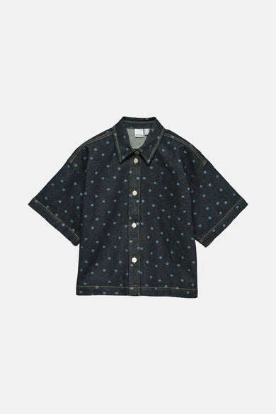 Denim overhemd met korte mouwen van VERO MODA, met blauwe stippen en zilverkleurige knopen.