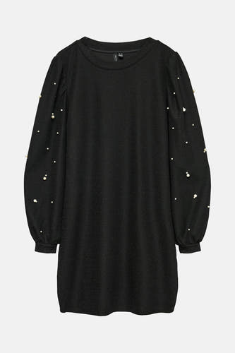 Zwarte jurk met lange mouwen van VERO MODA, met pofmouwen en versierd met parels.