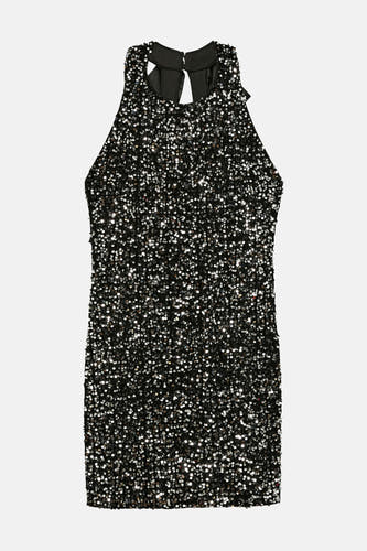 Robe noire sans manches de VERO MODA avec sequins et détail de dos ouvert.