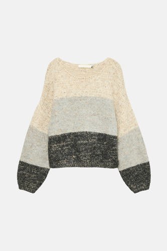 Gilet beige avec col rond de VERO MODA, avec des blocs de couleur en beige, gris et gris foncé.