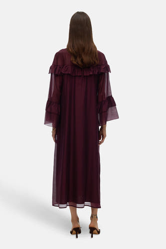 Paarse jurk met lange mouwen van VERO MODA, met ruches op de mouwen en halslijn.