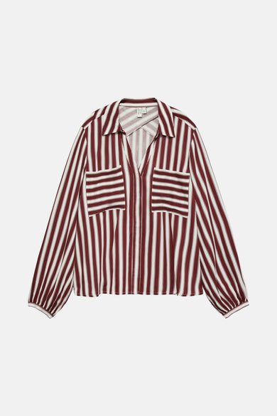 Bordeaux hemd met lange mouwen van VERO MODA®, met witte verticale strepen en twee borstzakken.