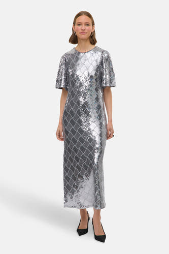 Robe d'argent avec des manches courtes de Vero Moda, avec un motif en forme de lunettes et des paillettes.