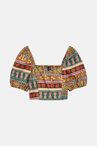 T-shirt multicolore de VERO MODA avec un motif tropical inspiré et coloré, des ananas, des palmiers et des coquillages.