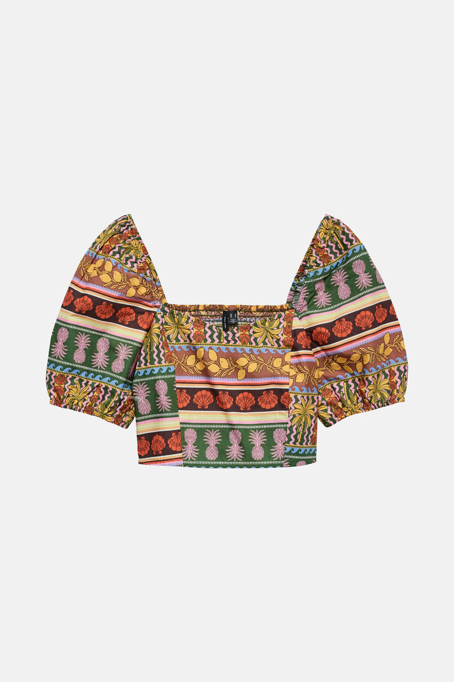 T-shirt multicolore de VERO MODA avec un motif tropical inspiré et coloré, des ananas, des palmiers et des coquillages.