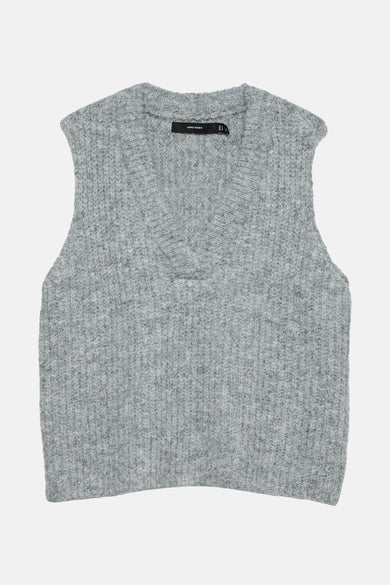 Gilet sans manches tricoté gris de VERO MODA, avec un col en V et une texture grossière.