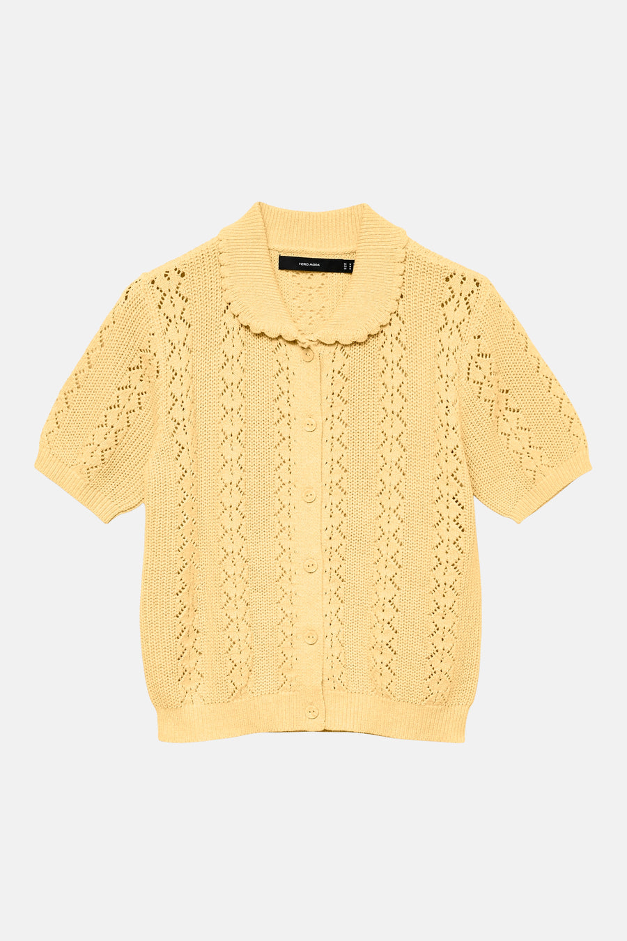 Gilet jaune de VERO MODA® avec manches courtes, détails en maille, un col et une fermeture boutonnée sur le devant.