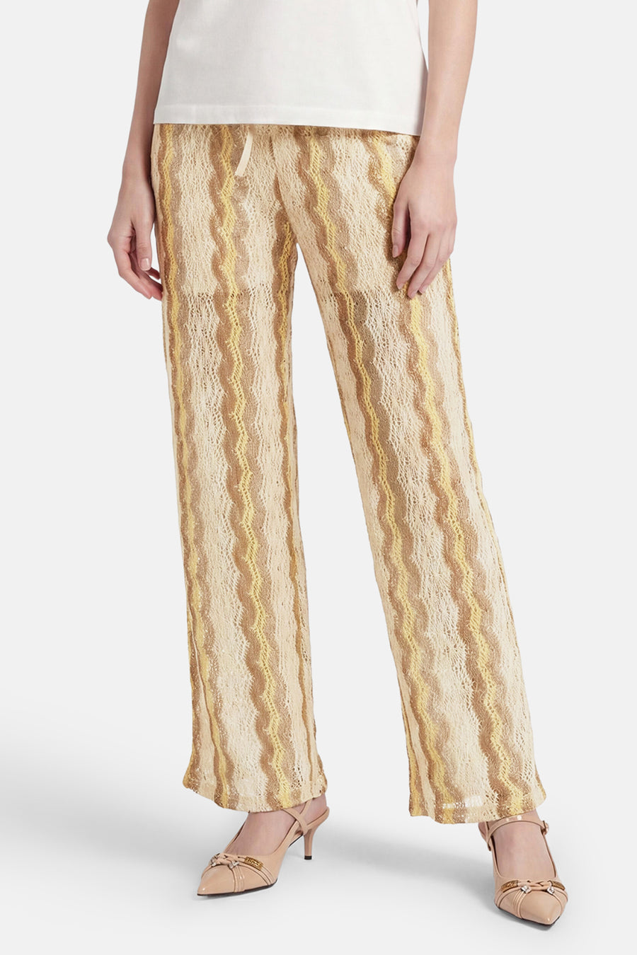 Multicolor broek van VERO MODA® met golvende strepen in beige en gele tinten, van opengewerkt breisel.