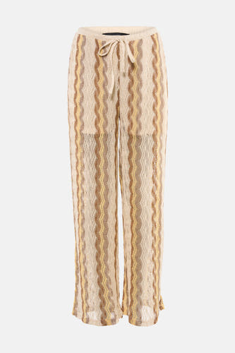 Multicolor broek van VERO MODA met crèmekleurige, bruine en gele golvende gehaakte strepen en trekkoord in de taille.