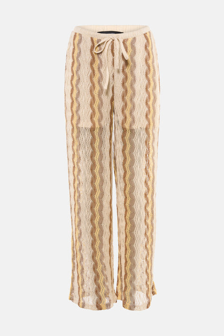 Multicolor broek van VERO MODA met crèmekleurige, bruine en gele golvende gehaakte strepen en trekkoord in de taille.