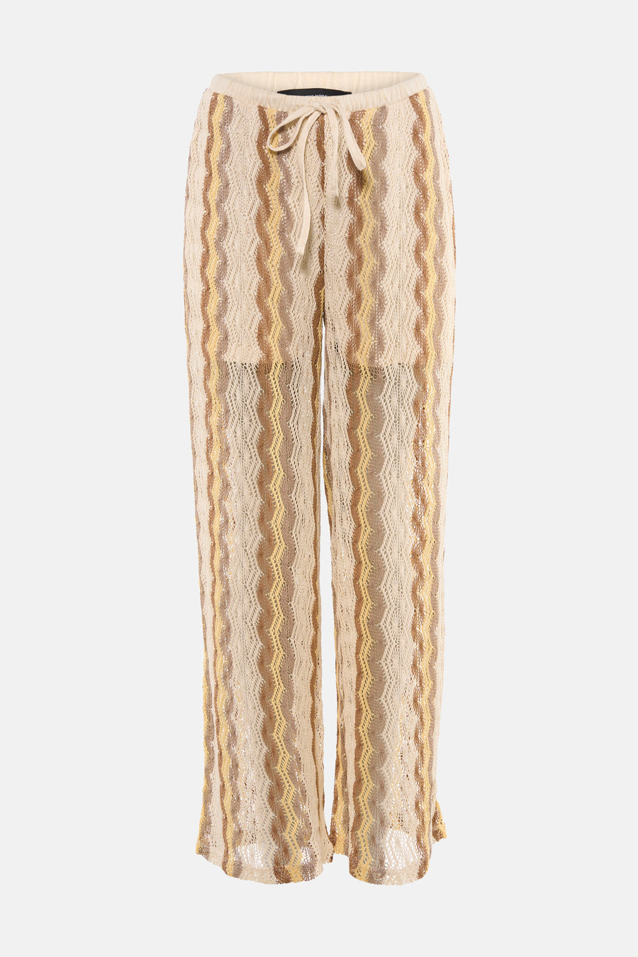 Multicolor broek van VERO MODA met crèmekleurige, bruine en gele golvende gehaakte strepen en trekkoord in de taille.