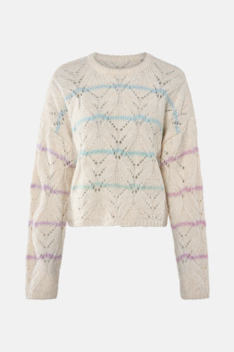 Gilet rond encolé beige de Vero Moda, avec un motif ajouré et des rayures bleues et violets.