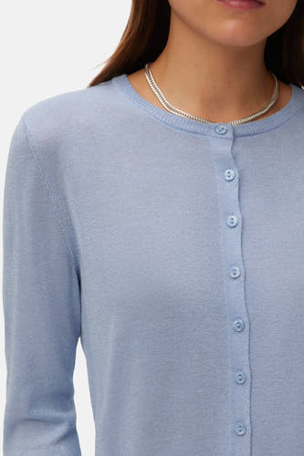 Blauwe cardigan van Vero Moda, met knoopsluiting en een subtiele glans, gecombineerd met een zilverkleurige ketting.