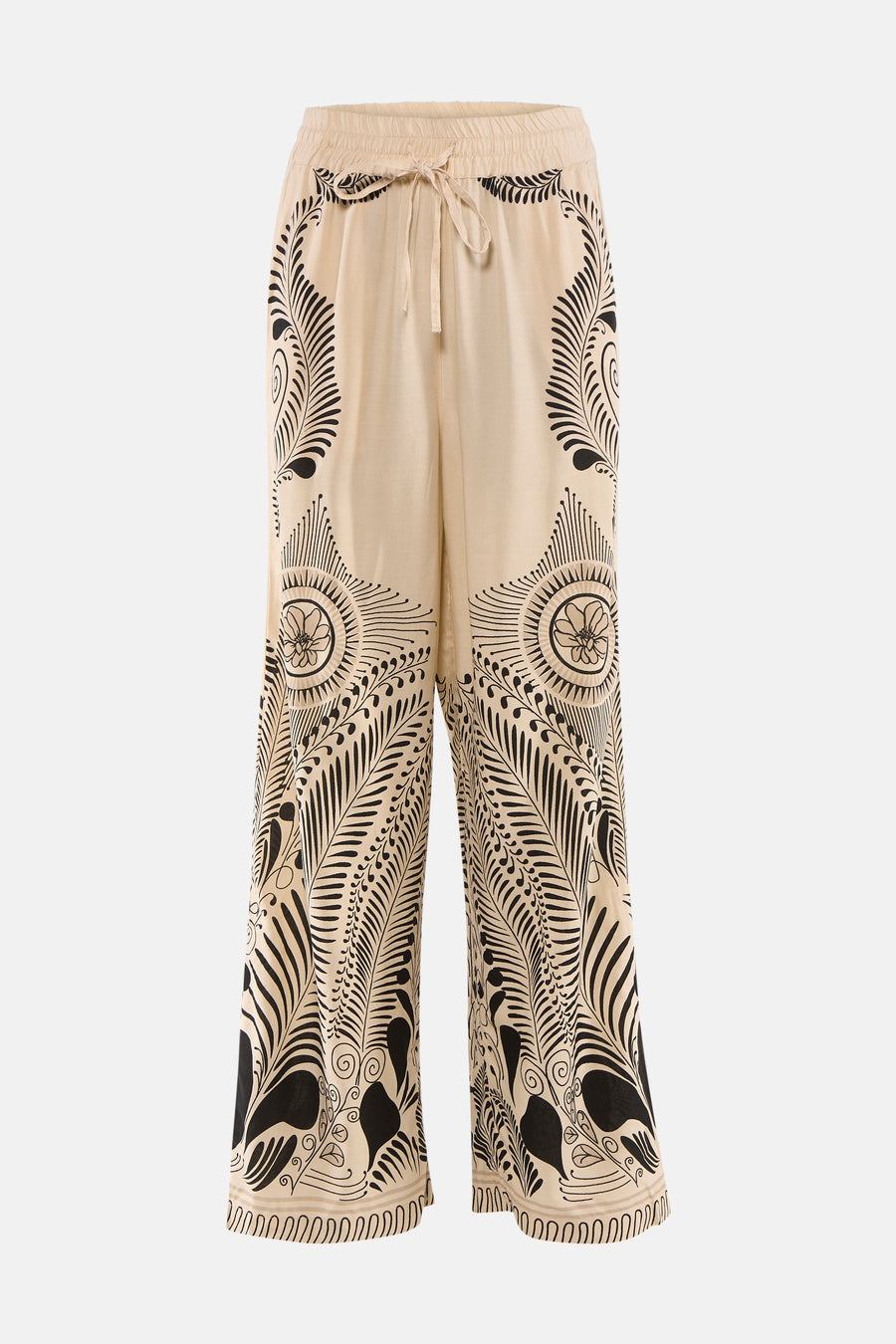 Multicolor wijde broek van VERO MODA® met zwart-wit bladpatroon, elastische taille en trekkoord, front view