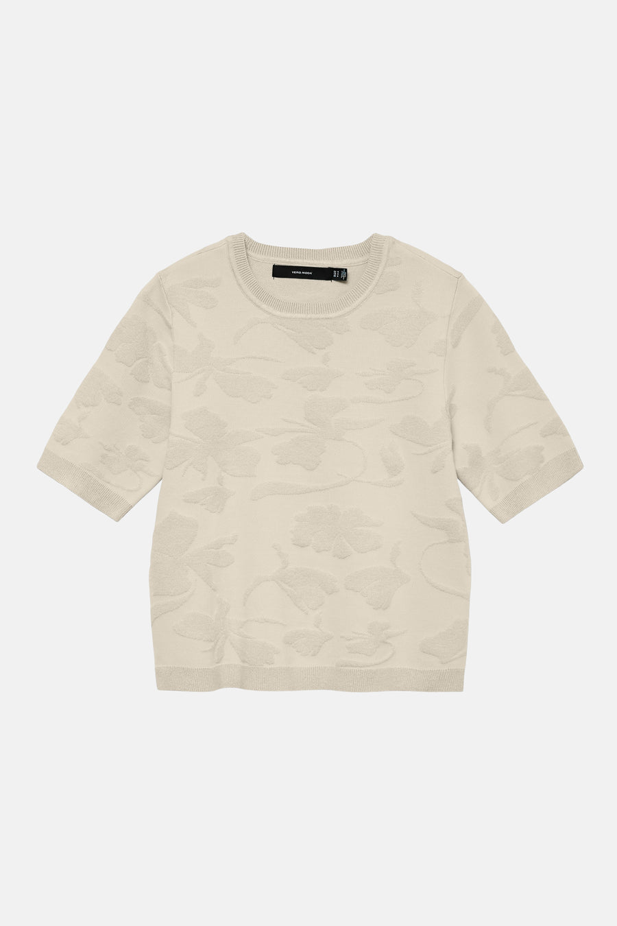 Ecru trui met ronde hals van VERO MODA, met een subtiel bloemdessin en korte mouwen.