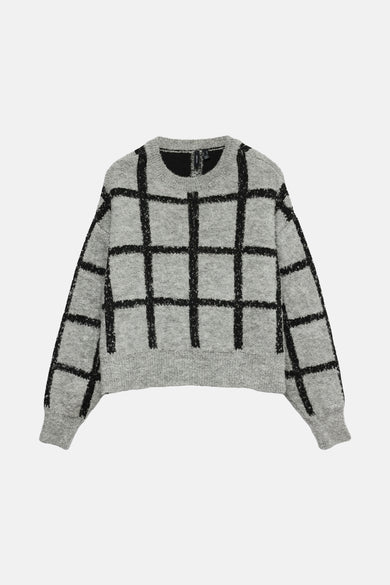 Sweat-shirt gris avec col rond de VERO MODA, à motif carreaux et manches longues.