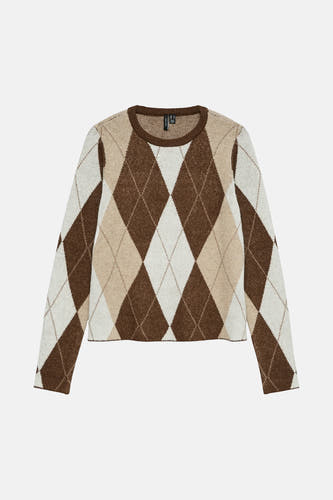 Pull marron avec col rond de VERO MODA, avec un motif à carreaux en marron, beige et blanc.