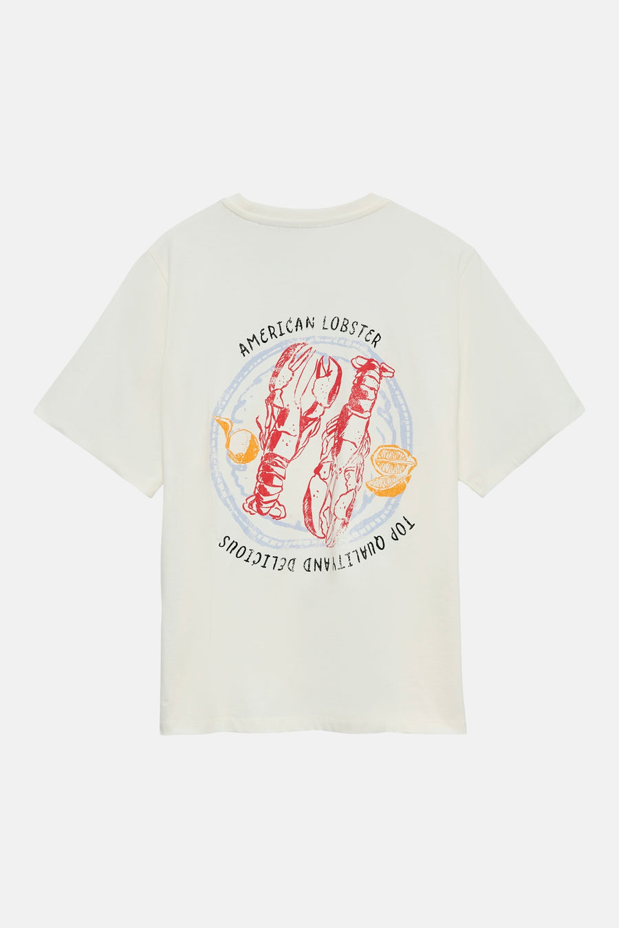 Wit T-shirt van VERO MODA® met een rode kreeftenprint en de tekst 'AMERICAN LOBSTER' op de rug.
