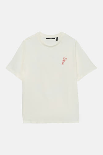 Wit T-shirt van VERO MODA met een rode kreeftillustratie op de borst en merklabel in de nek.