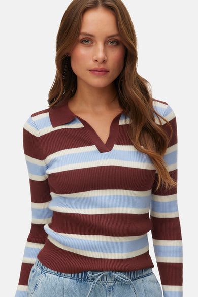 Multikleurige trui met V-hals van VERO MODA®, met horizontale strepen in bruin, blauw en wit.
