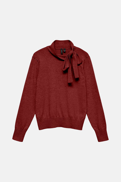 Bordeaux ronde hals trui van VERO MODA® met lange mouwen en strikdetail bij de hals.