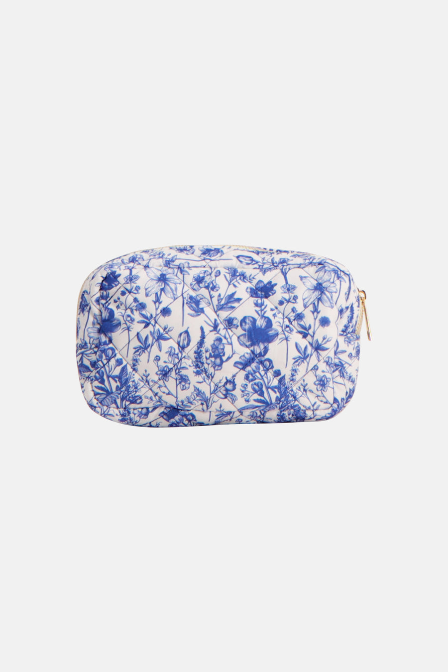 Trousse de toilette bleue VERO MODA® avec un imprimé à fleurs blanches et une fermeture éclair dorée.