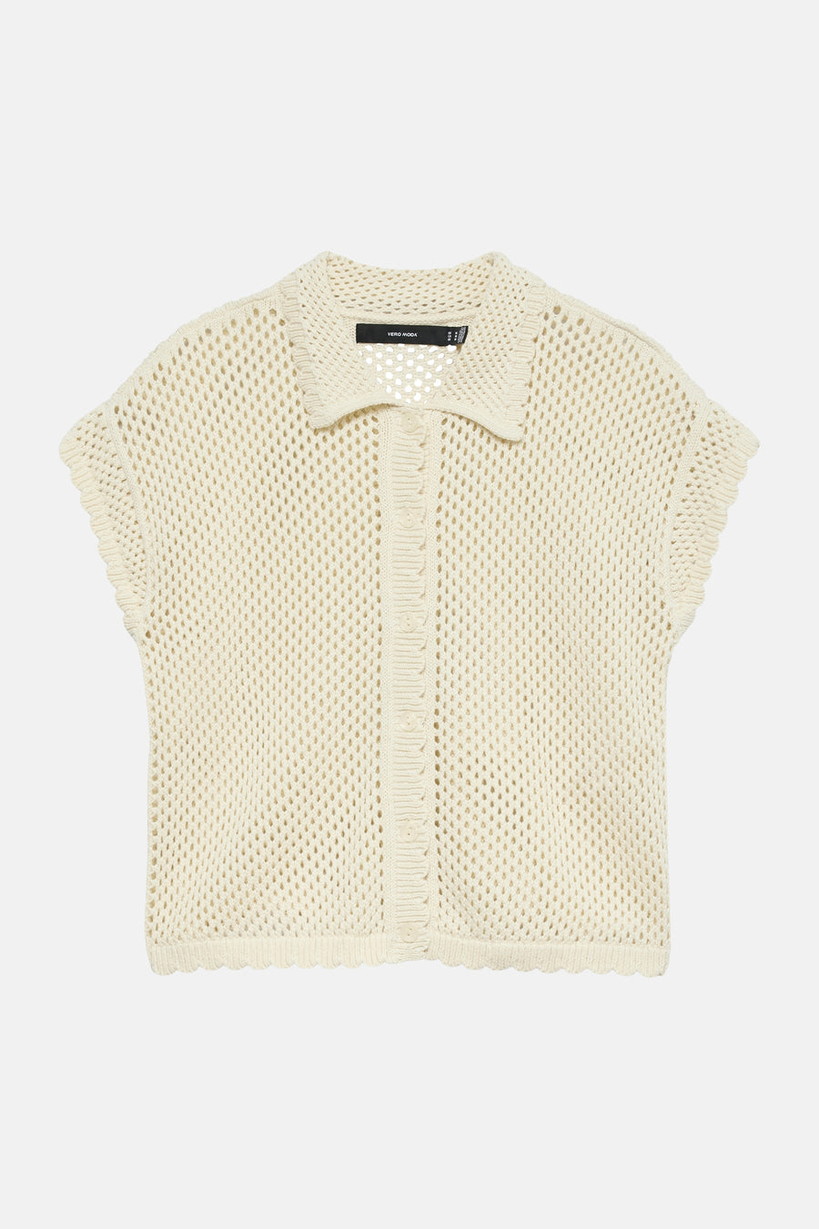 Ecru gebreide polo van VERO MODA met opengewerkt patroon, kraag en knoopsluiting.