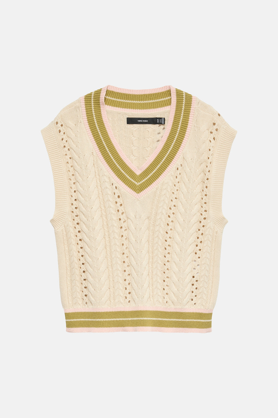 Gilet en tricot écru de VERO MODA® avec col en V, bords rayés vert olive et rose, et détails perforés.