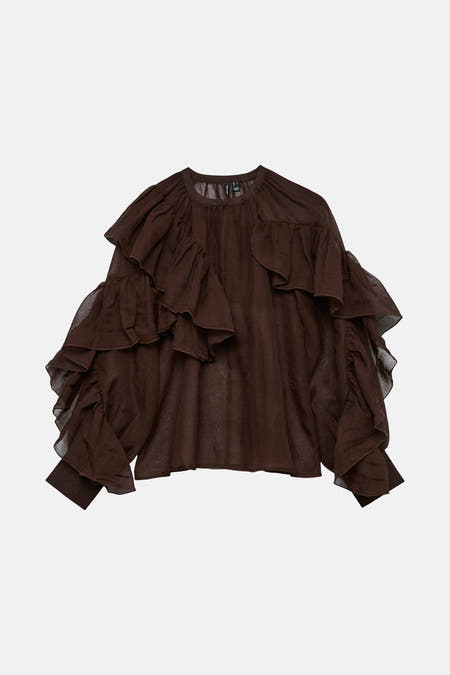 Bruine blouse met lange mouwen van VERO MODA®, met ruches en een lichte transparante stof.
