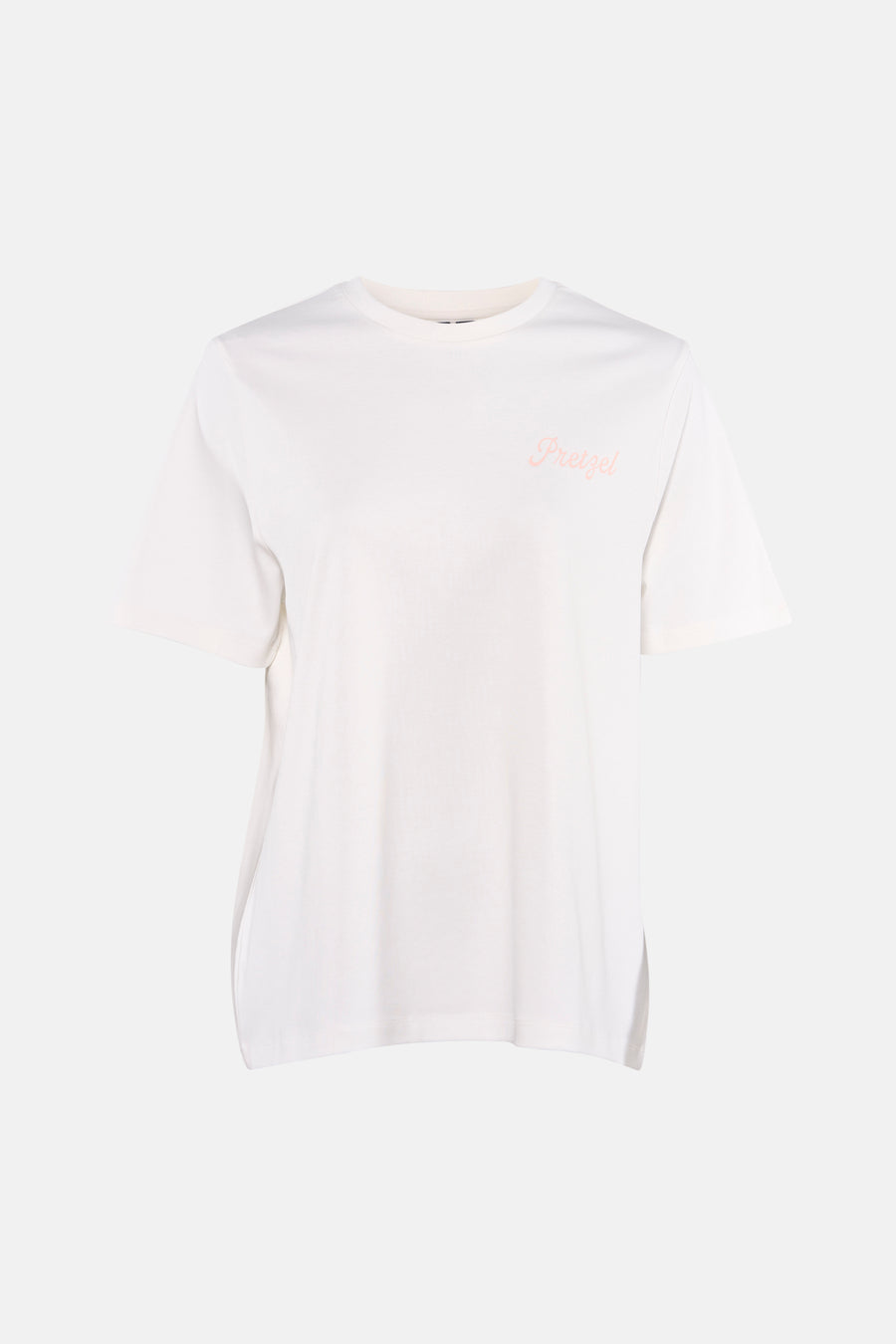 Witte korte mouwen t-shirt van VERO MODA® met roze 'Pretzel' print op borst, voorzijde weergave