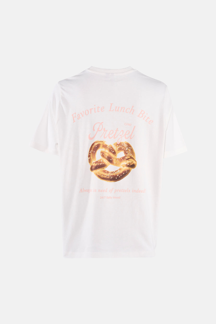 Witte korte mouwen T-shirt van VERO MODA® met pretzel print en roze tekst op de rug, casual stijl, achterkant weergegeven