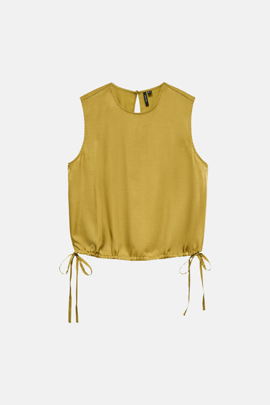 Groene mouwloze blouse van VERO MODA® met ronde hals, sleutelgatdetail aan de achterkant en trekkoord met strikjes aan de zoom.