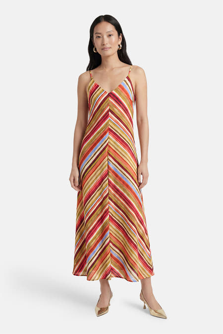 Multicolor gestreepte mouwloze jurk van VERO MODA met V-hals en diagonale strepen.