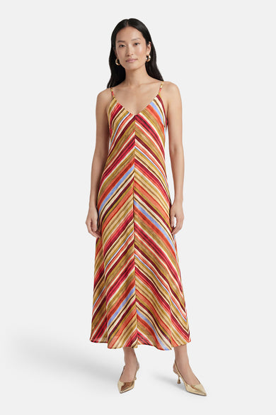 Multicolor gestreepte mouwloze jurk van VERO MODA met V-hals en diagonale strepen.