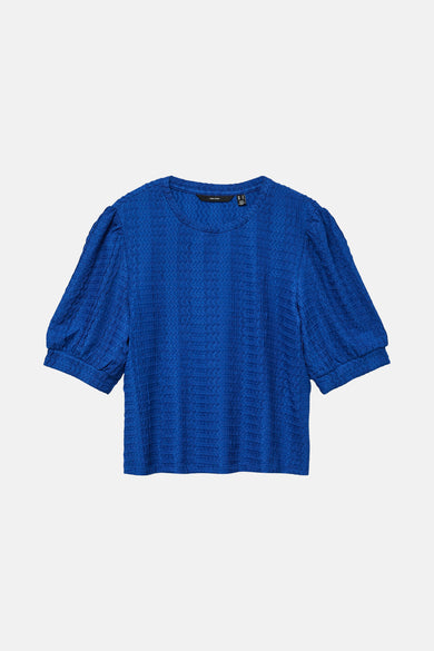 Blauwe blouse met korte pofmouwen van VERO MODA, met een subtiele geweven textuur.
