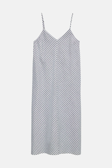 Blauw-wit gestreept jurkje van VERO MODA® met spaghettibandjes, V-hals en diagonaal chevronpatroon.