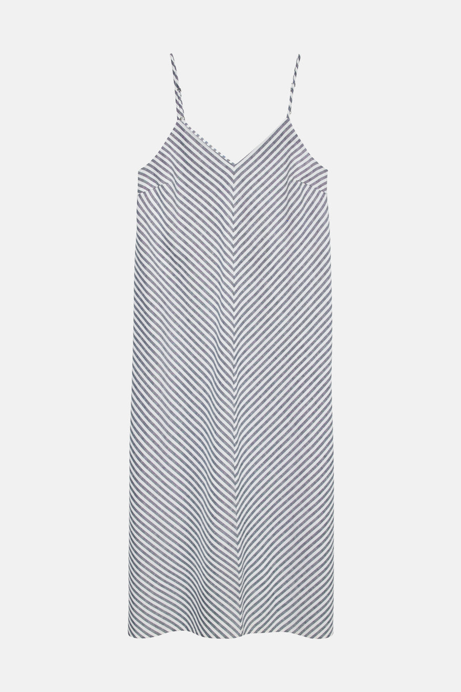Blauw-wit gestreept jurkje van VERO MODA® met spaghettibandjes, V-hals en diagonaal chevronpatroon.
