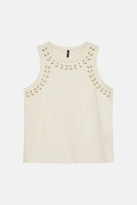 Haut sans manches écru de VERO MODA avec découpes décoratives en forme de feuille autour de l'encolure et des épaules.